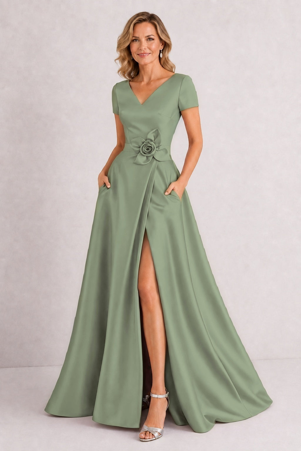 A-Line Floor Length Satin Mother of the Bride Dress CM0471 - Olive Green - COCOMELODY