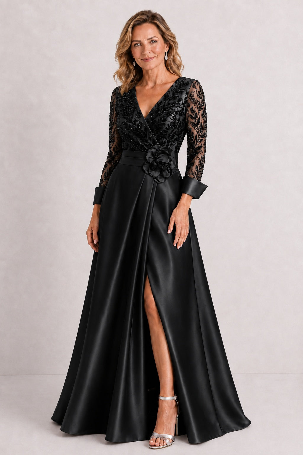 A-Line Floor Length Satin Lace Mother of the Bride Dress CM0472