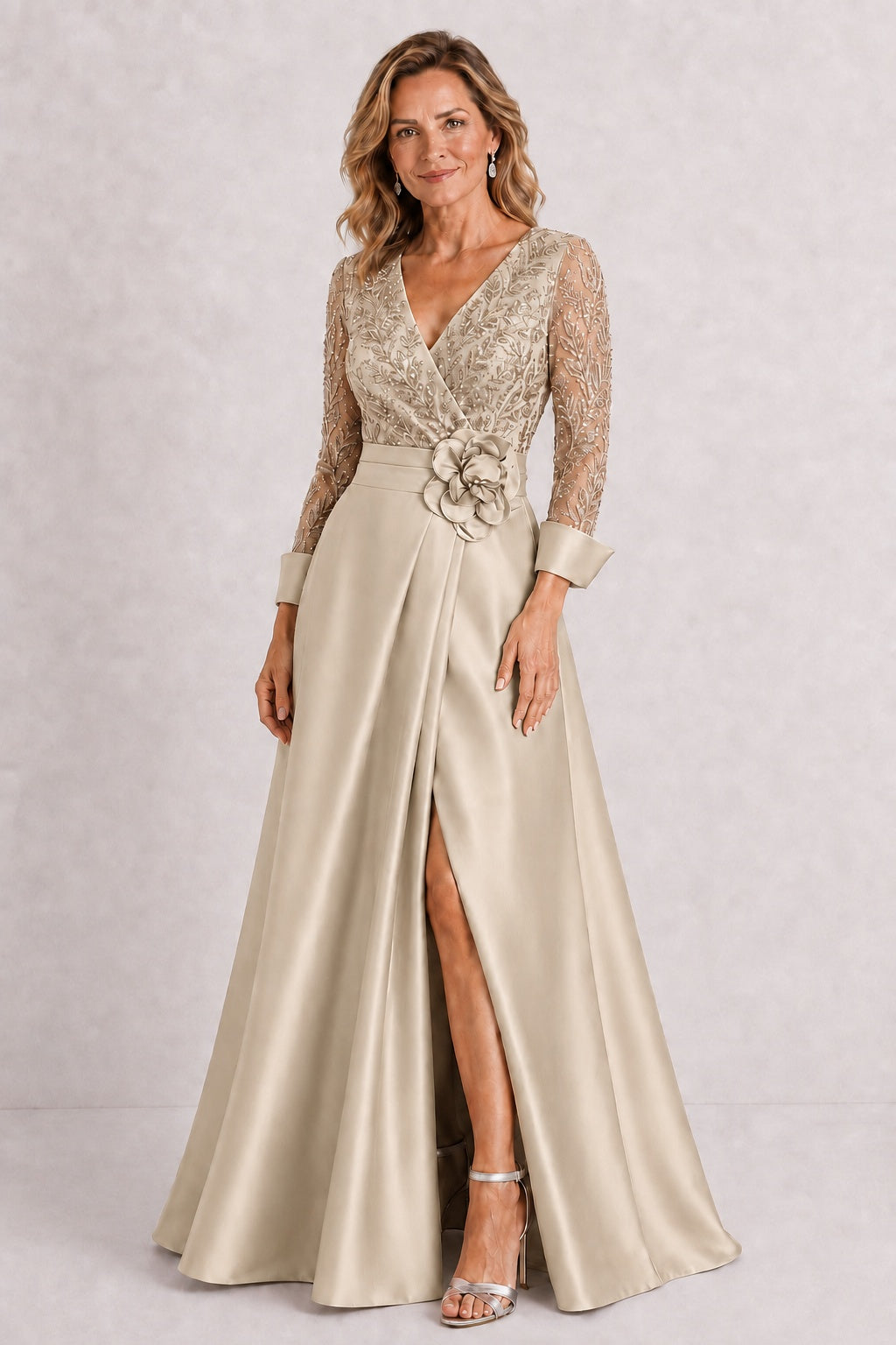 A-Line Floor Length Satin Lace Mother of the Bride Dress CM0472