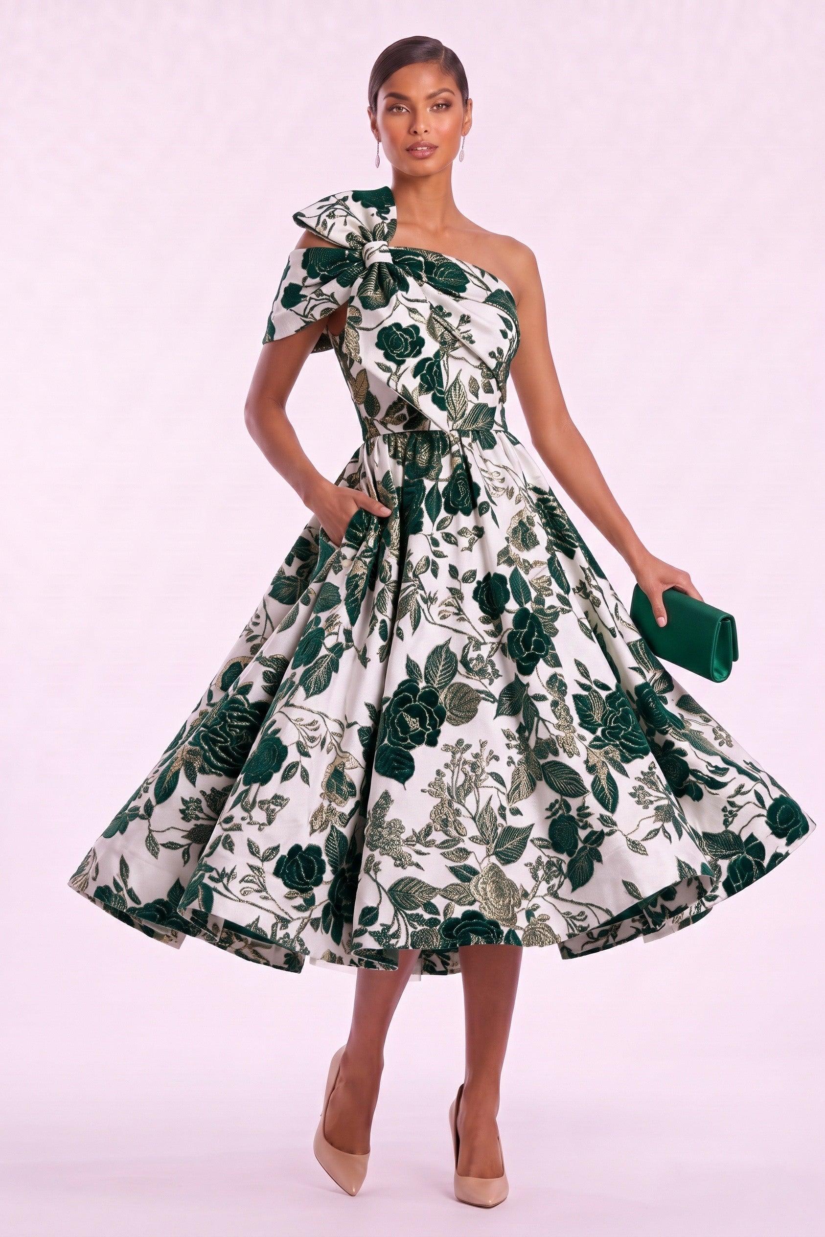 Green Floral Tea-Length Mother of the Bride Dress for Garden