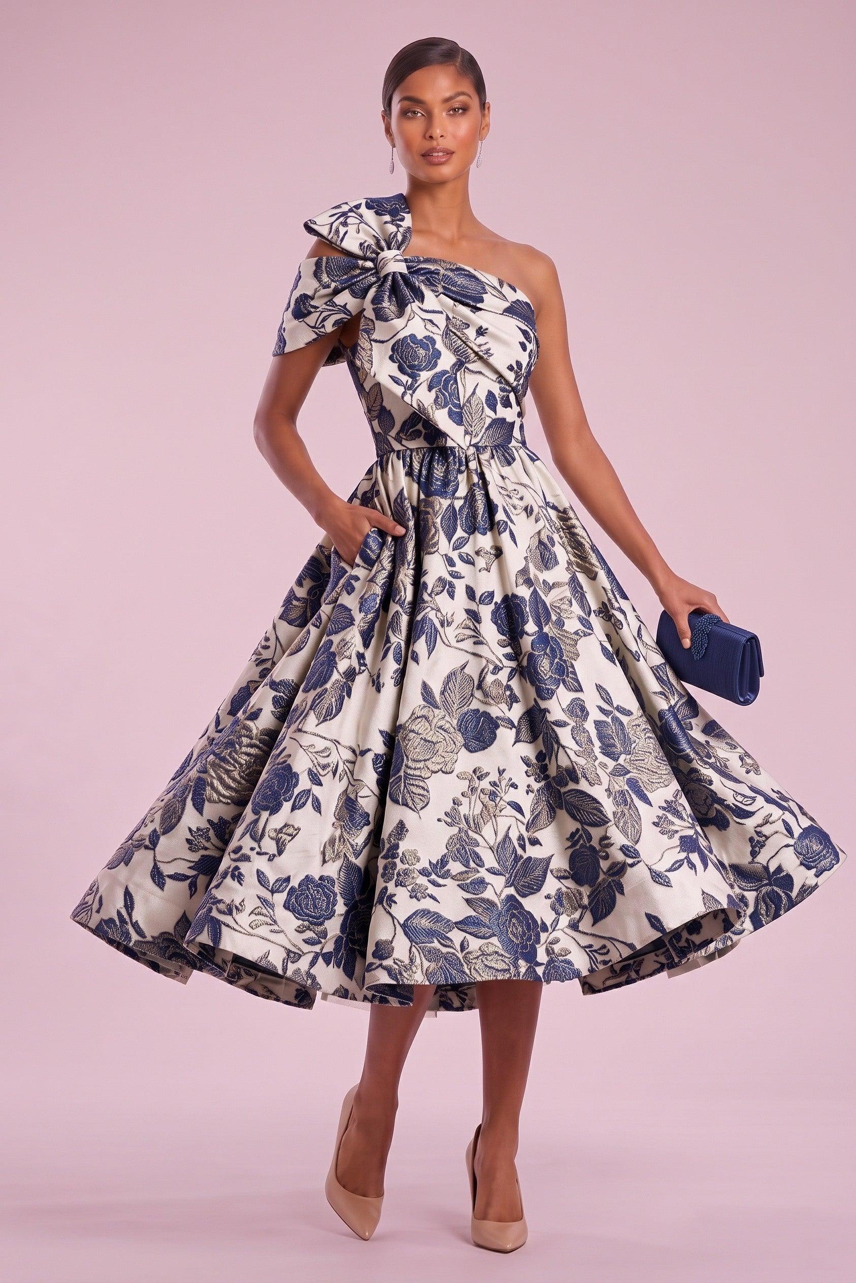 Blue Floral Tea-Length Mother of the Bride Dress for Garden