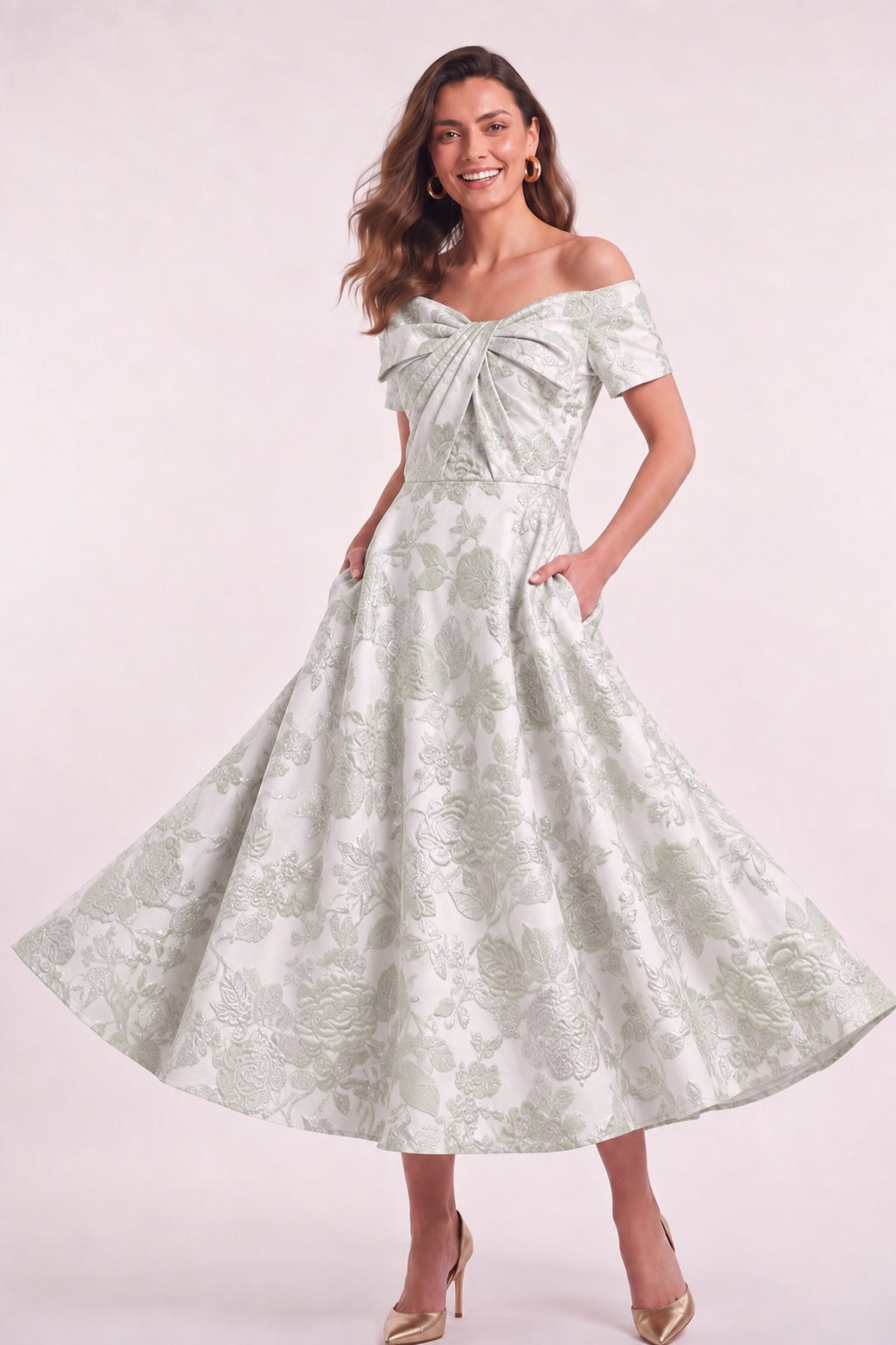 A-Line Tea Length Jacquard Mother of the Bride Dress CM0482