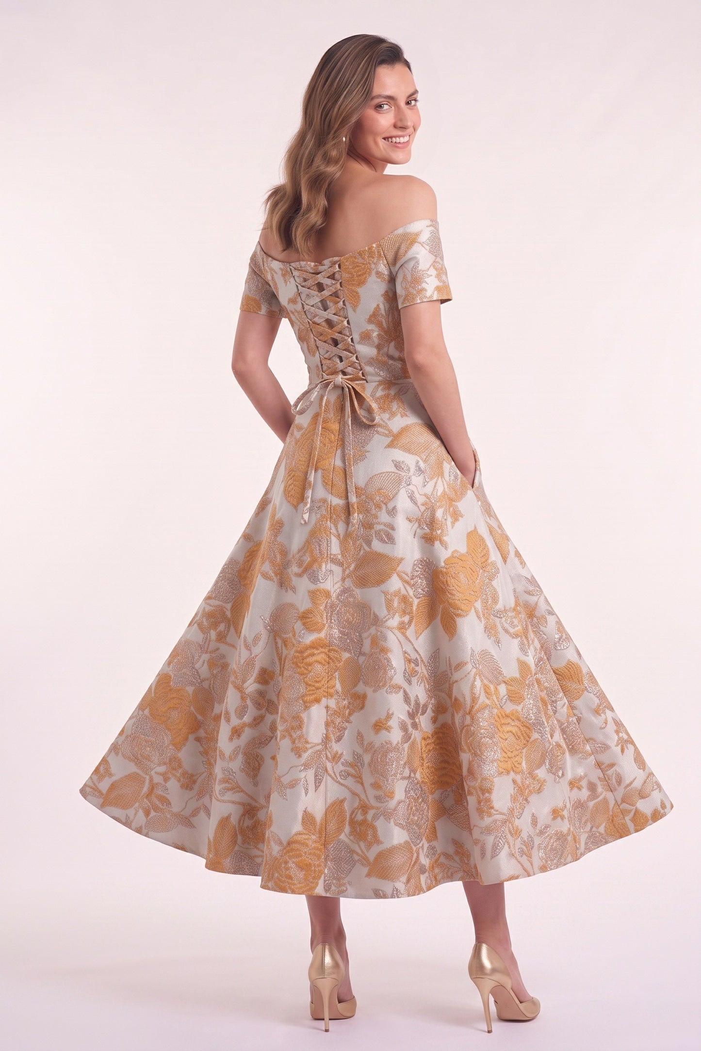 A-Line Tea Length Jacquard Mother of the Bride Dress CM0482