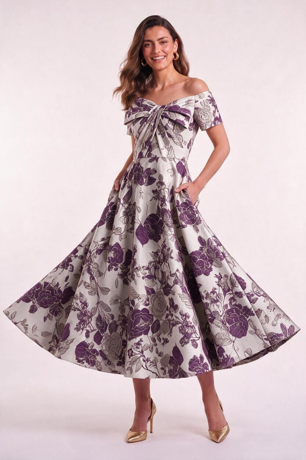 A-Line Tea Length Jacquard Mother of the Bride Dress CM0482