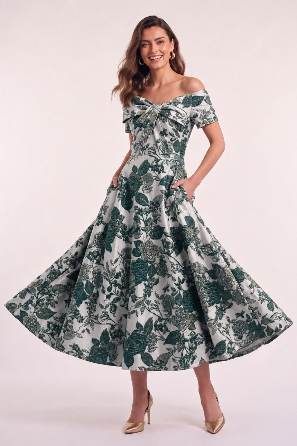 A-Line Tea Length Jacquard Mother of the Bride Dress CM0482