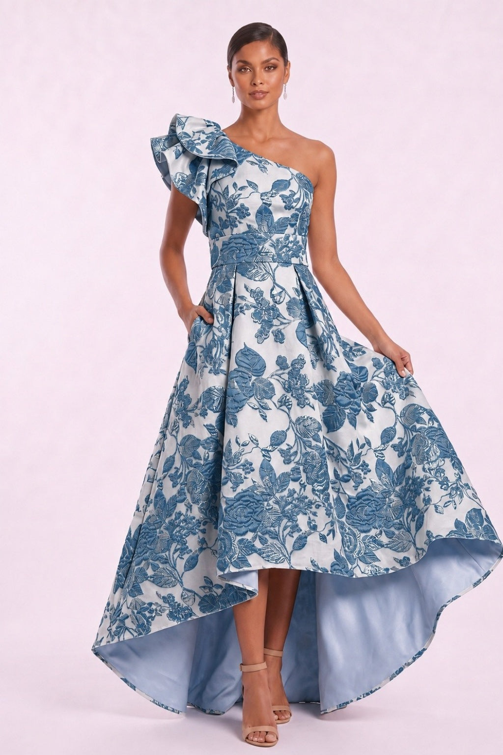 A-Line High-Low Jacquard Mother of the Bride Dress CM0486 - Ocean Blue - COCOMELODY