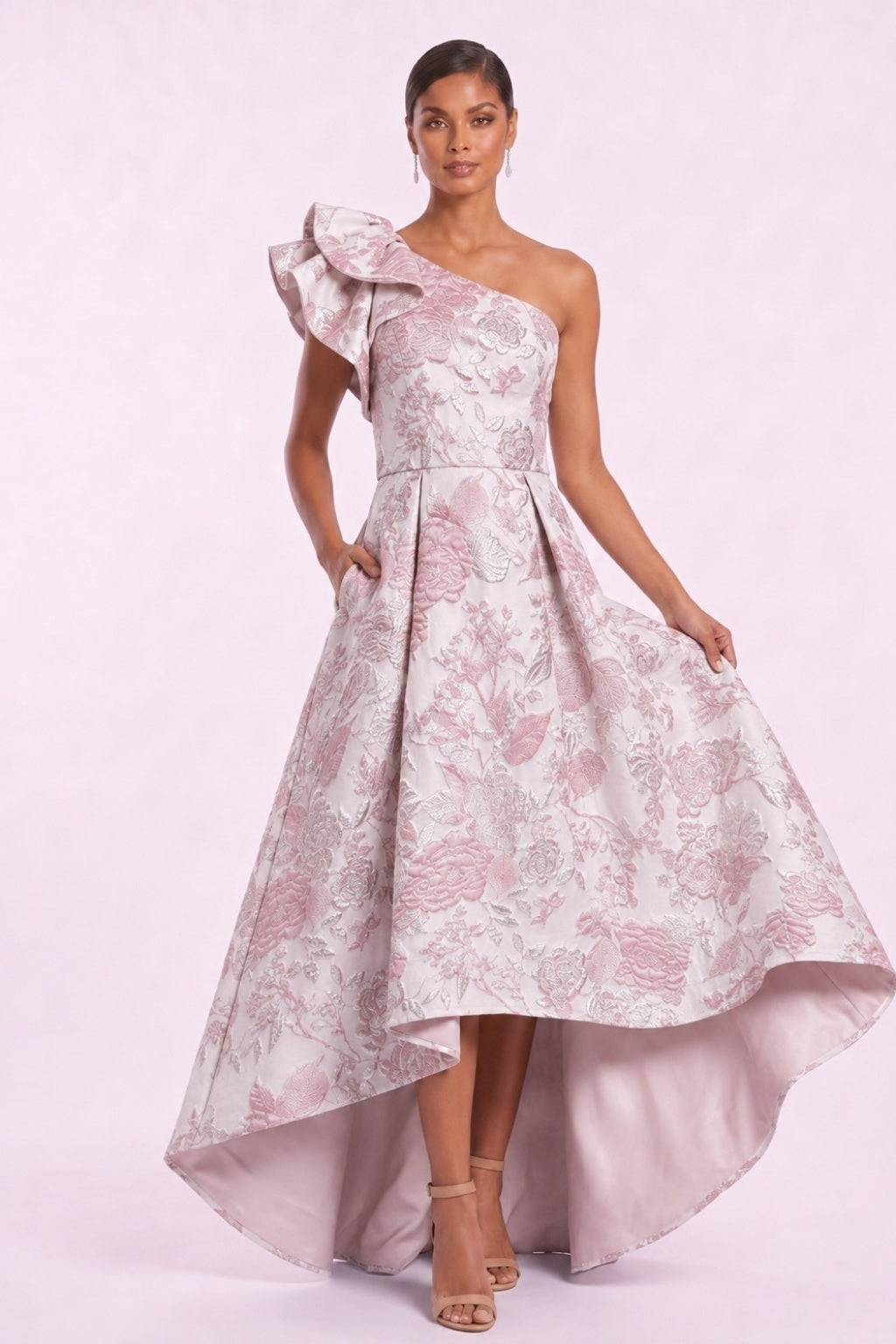 A-Line High-Low Jacquard Mother of the Bride Dress CM0486 - Pink - COCOMELODY