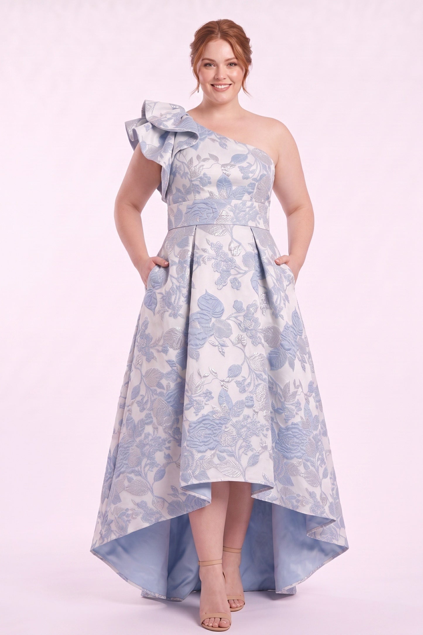 A-Line High-Low Jacquard Mother of the Bride Dress CM0486 - Blue - COCOMELODY