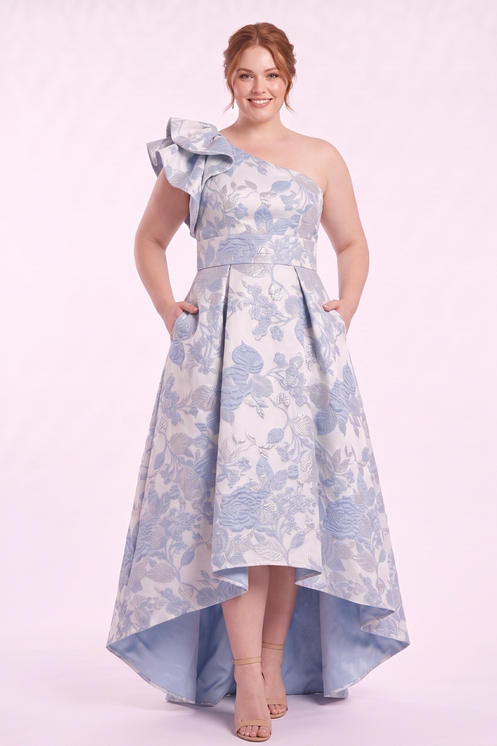 A-Line High-Low Jacquard Mother of the Bride Dress CM0486 - Blue - COCOMELODY
