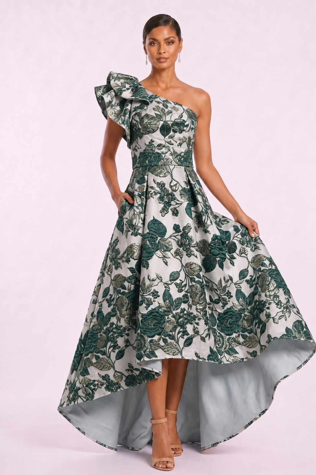 A-Line High-Low Jacquard Mother of the Bride Dress CM0486 - Hunter Green - COCOMELODY