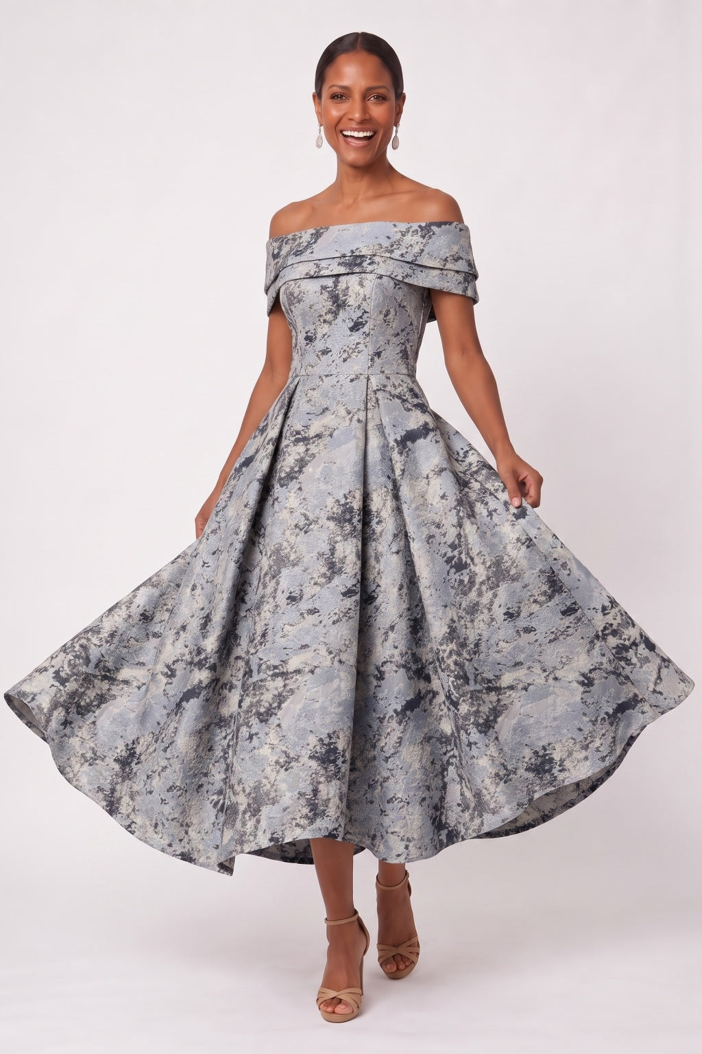A-Line Tea Length Jacquard Mother of the Bride Dress CM0492