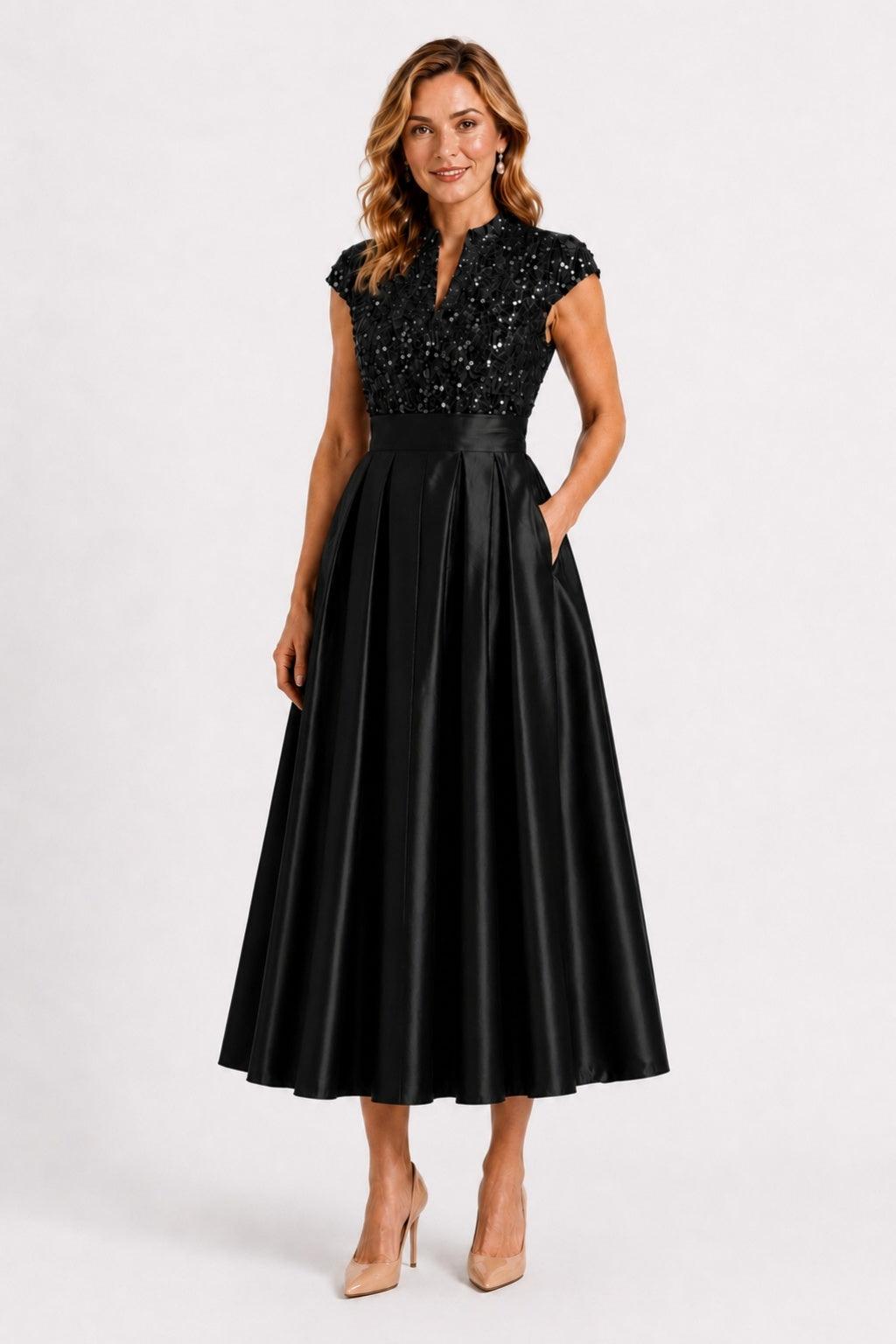 black tea length dresses bridesmaid A-Line Tea-Length Sequin Mother of the Bride Dress for Cocktail Wedding COCOMELODY CM0513 adding a hint of Noir Kitten Faux Leather Size:13 2E US Web Collection: Statement Dresses