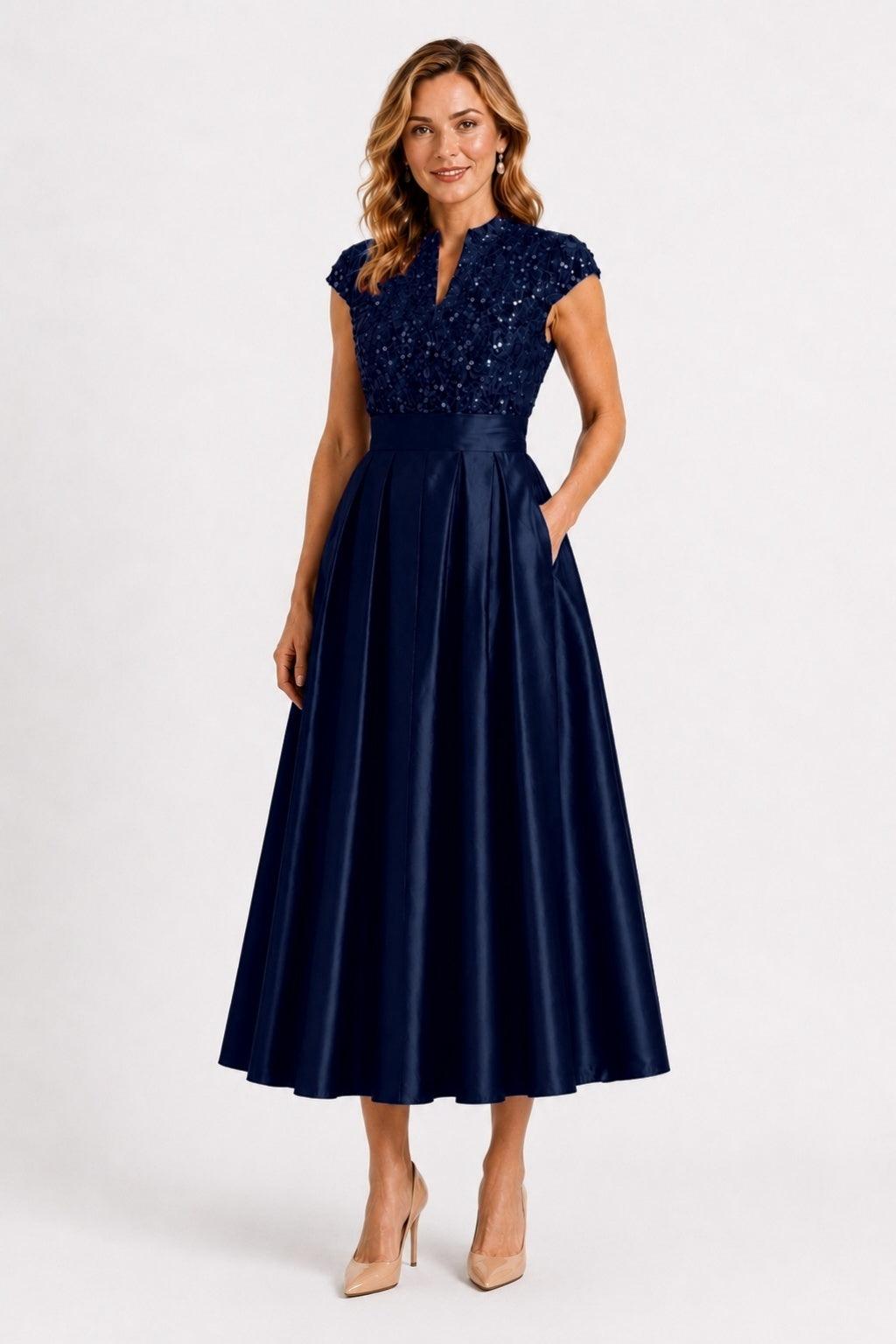 cocktail mother of the bride dresses A-Line Tea Length Tea-Length Sequin Dress for Wedding COCOMELODY CM0513 This style works well Fit:Long The dress for the Short wedding Dress