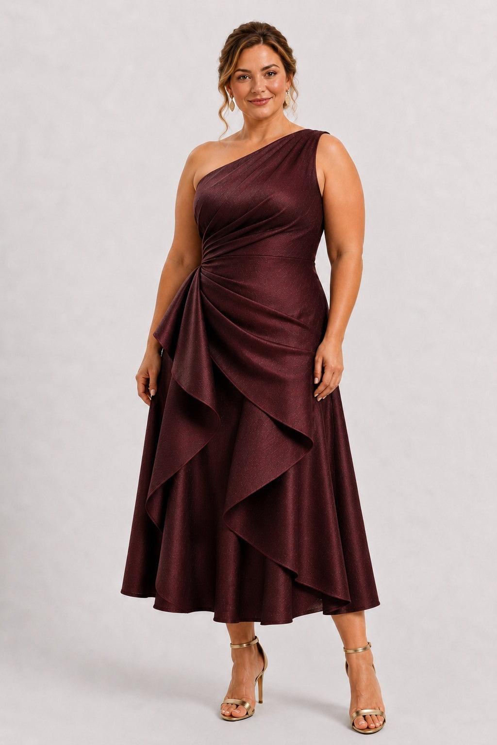 A-Line One-Shoulder Tea-Length Mother of the Bride Dress for