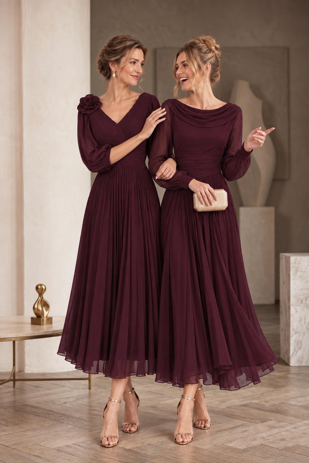 V-Neck Chiffon Mother of the Bride Dress Puff Sleeve A-Line Tea