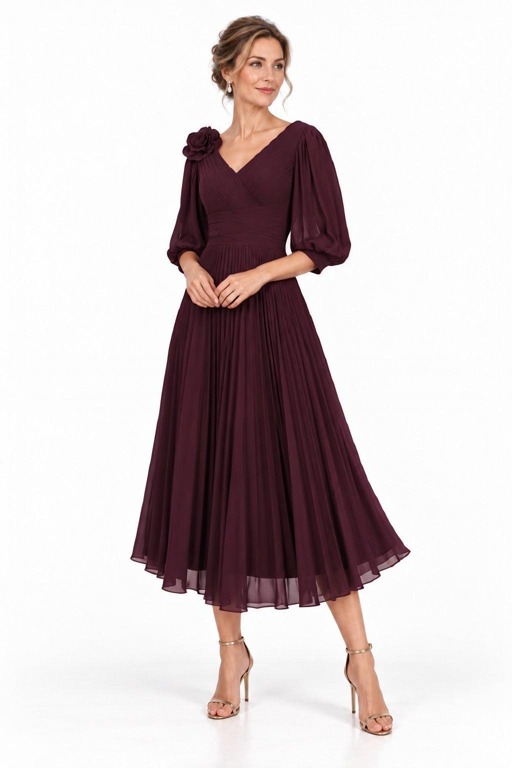 A-Line Tea Length Chiffon Mother of the Bride Dress CM0520 - Wine - COCOMELODY
