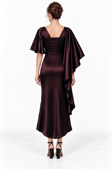 Sheath-Column High-Low Stretch Satin Mother of the Bride Dress CM0522 - Wine - COCOMELODY