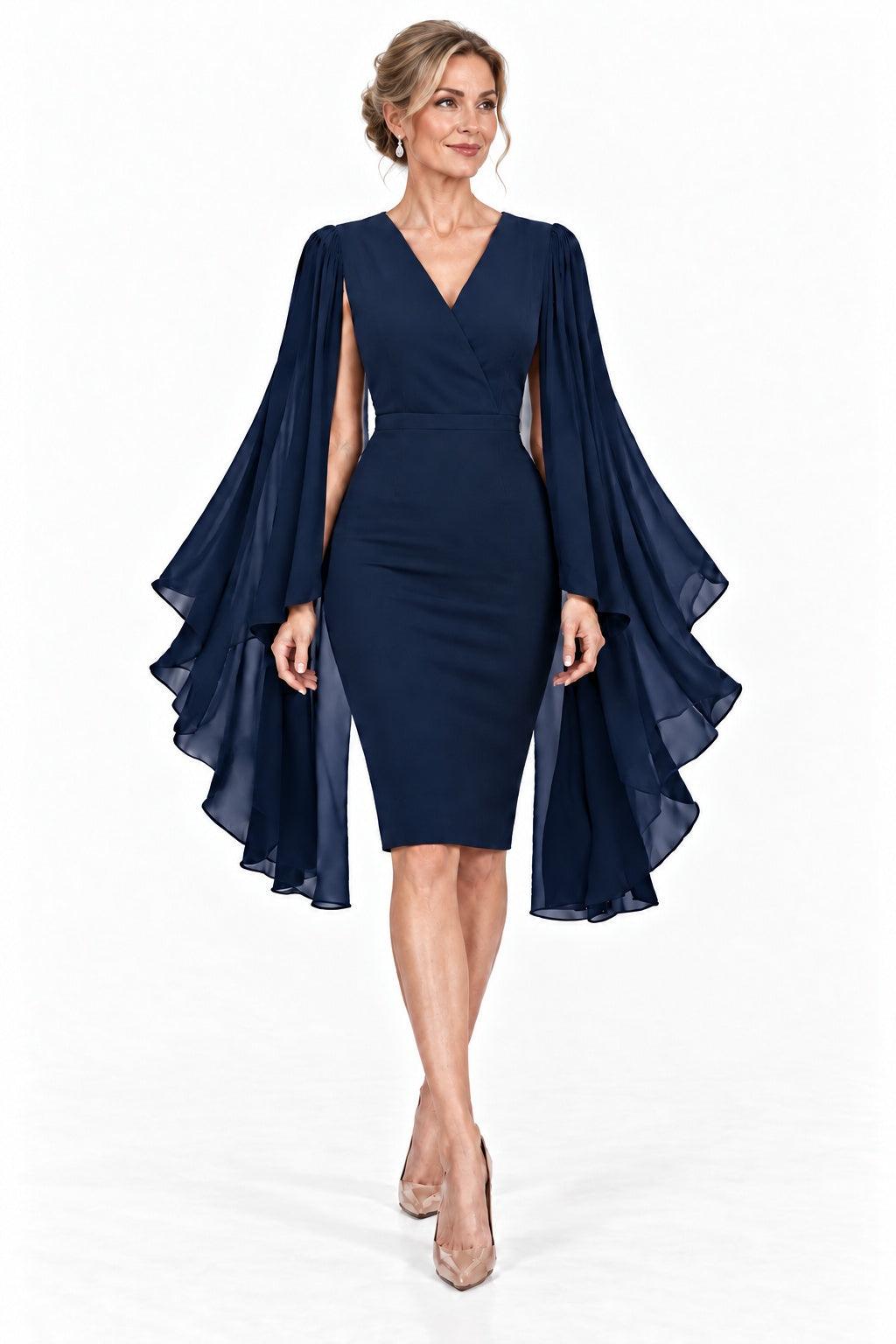 Cape Sleeve Mother of the Bride Dress V-Neck Knee Length Elegant