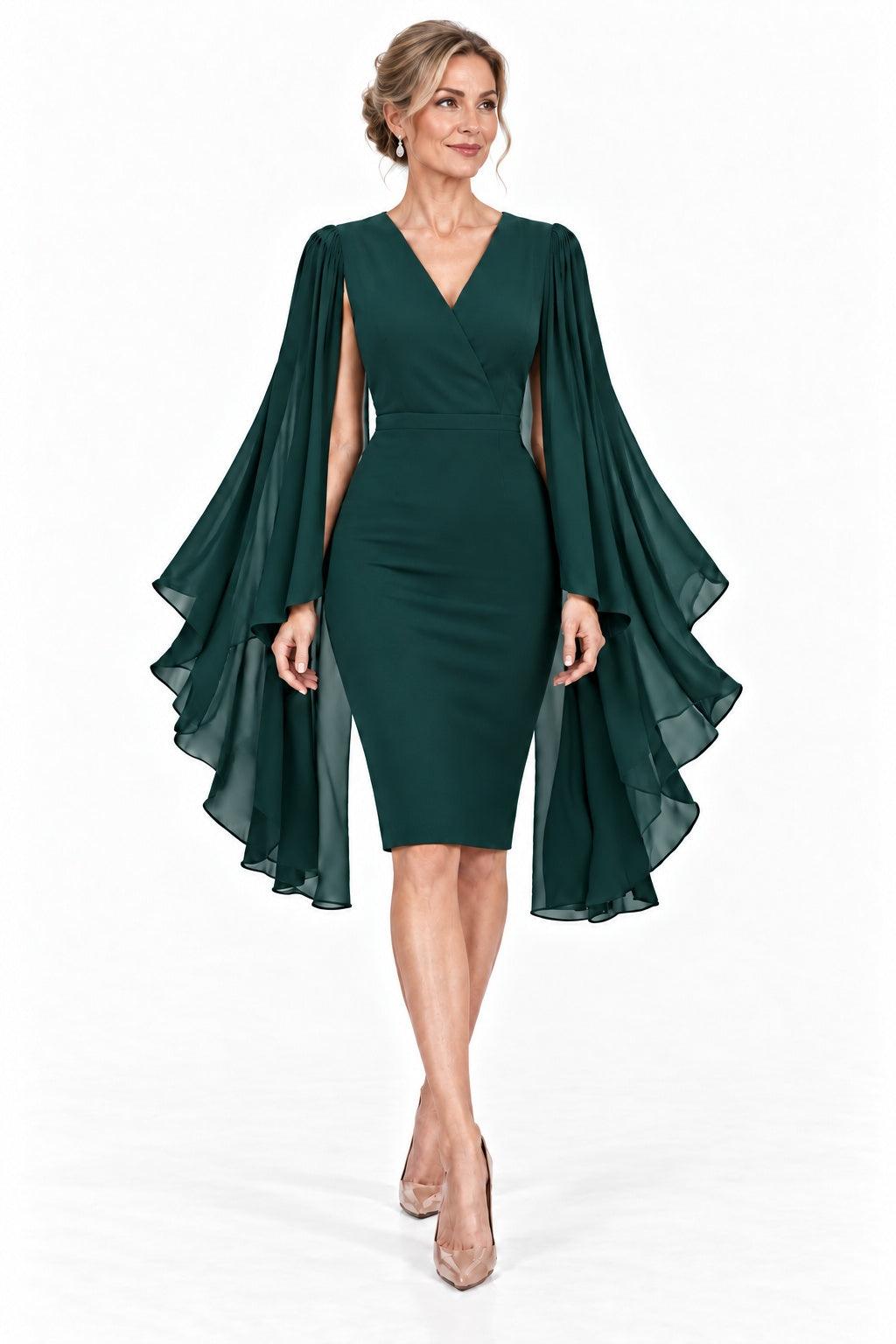Cape Sleeve Mother of the Bride Dress V-Neck Knee Length Elegant