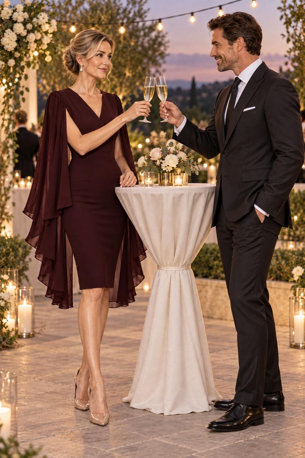 Cape Sleeve Mother of the Bride Dress V-Neck Knee Length Elegant