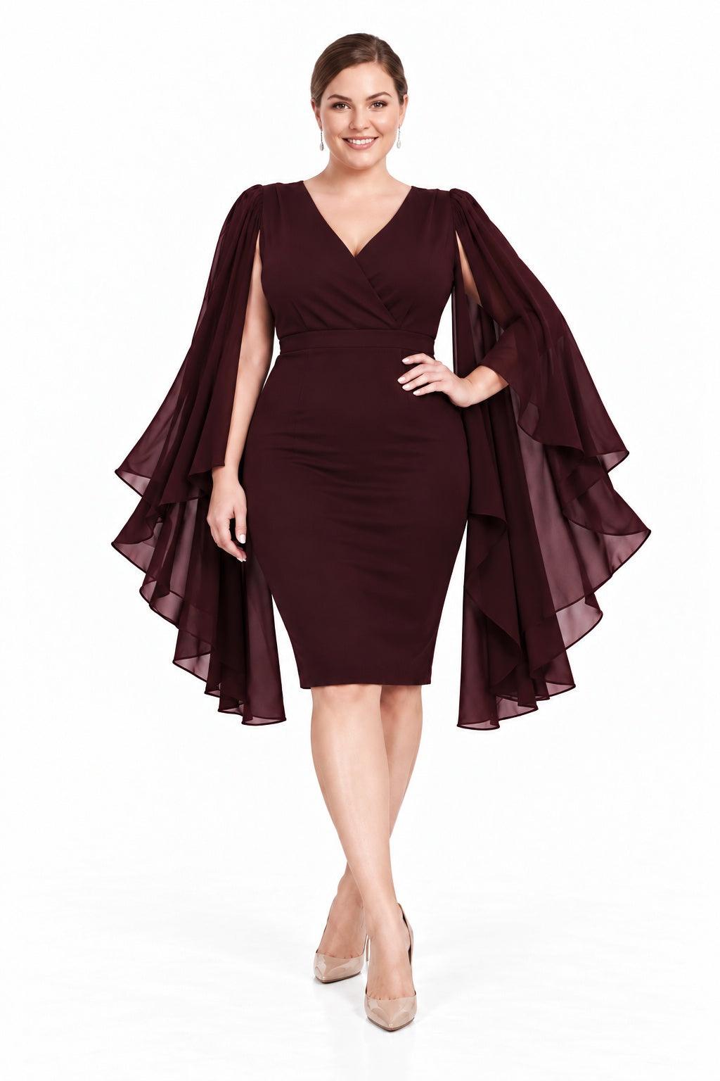 Cape Sleeve Mother of the Bride Dress V-Neck Knee Length Elegant