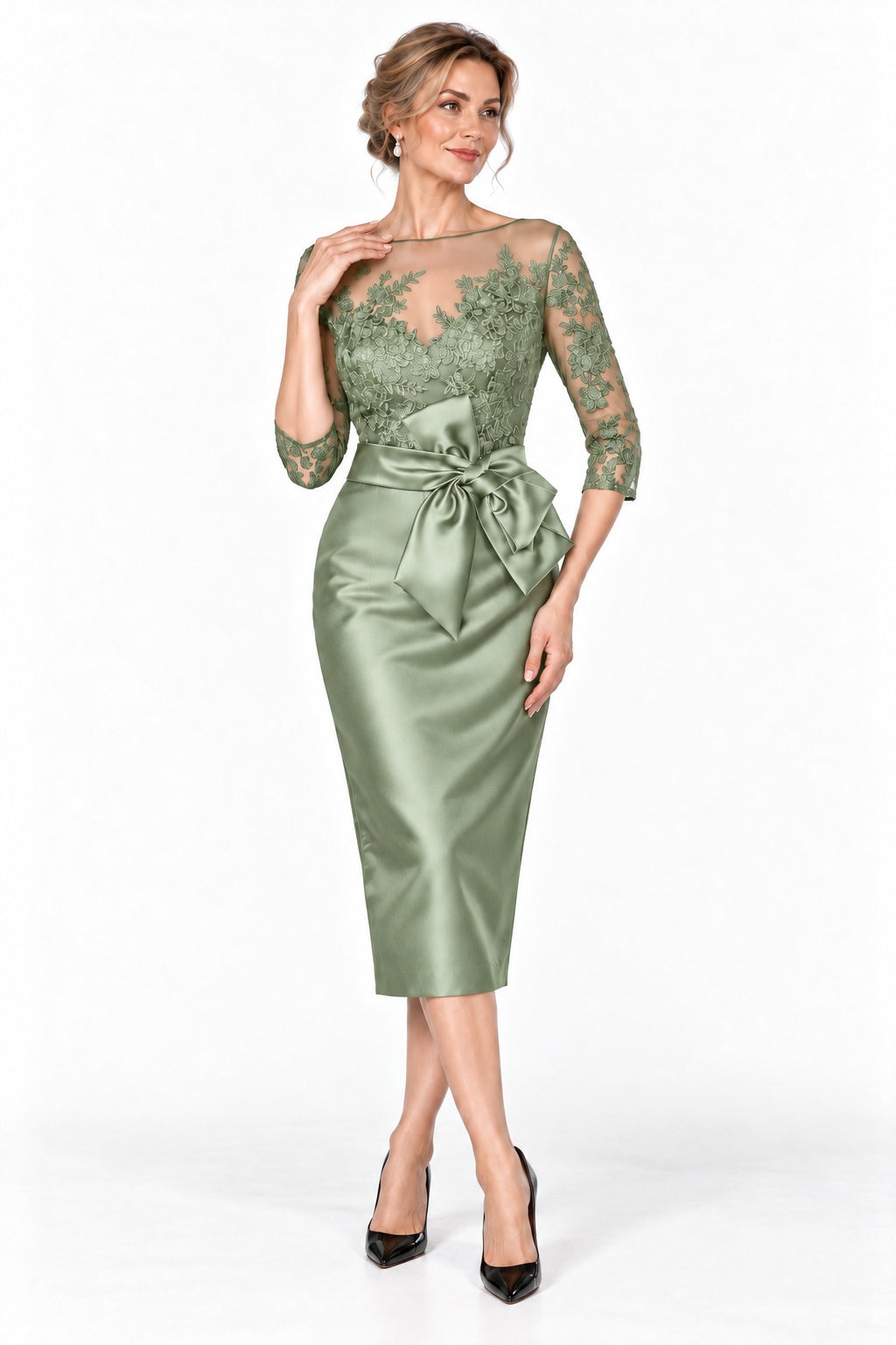 Sheath-Column Tea Length Satin Mother of the Bride Dress CM0525