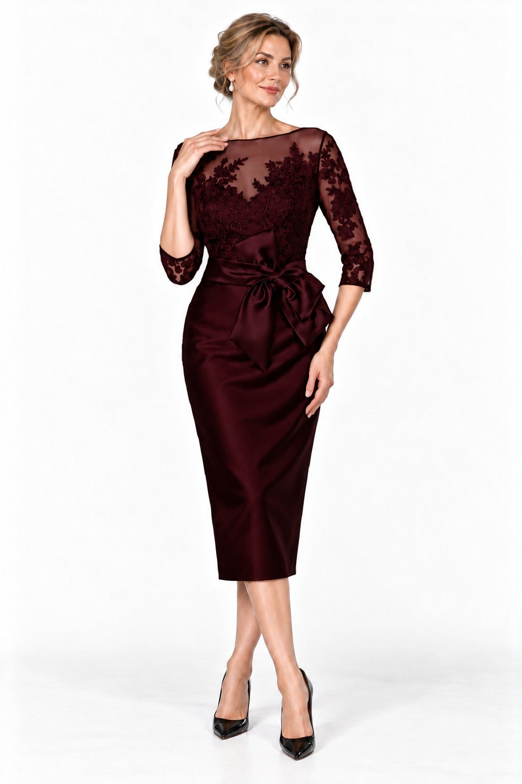 Sheath-Column Tea Length Satin Mother of the Bride Dress CM0525