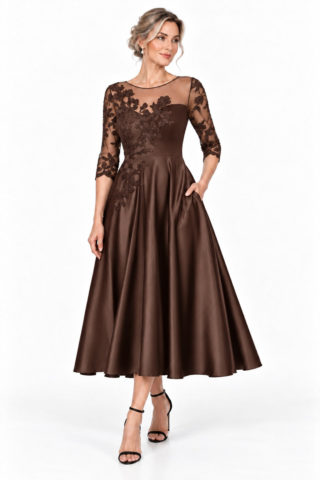 A-Line Tea Length Satin Mother of the Bride Dress CM0526