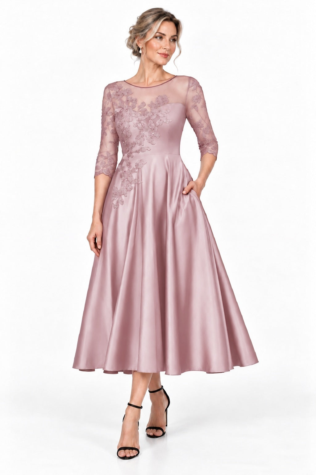 A-Line Tea Length Satin Mother of the Bride Dress CM0526