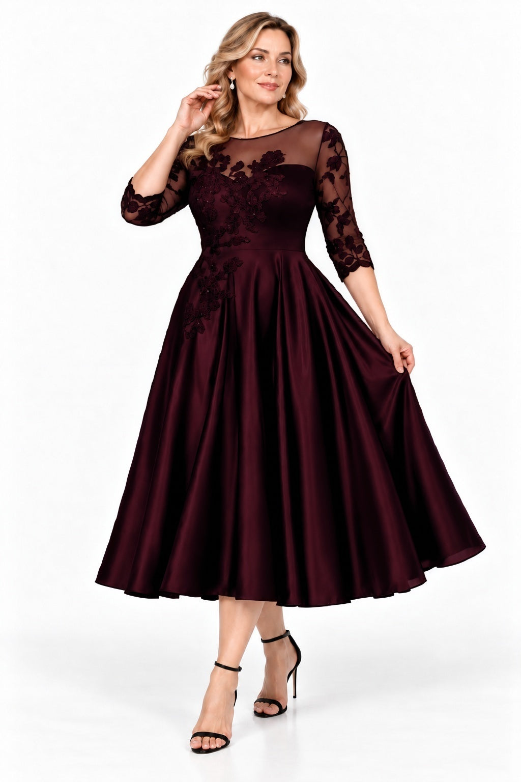A-Line Tea Length Satin Mother of the Bride Dress CM0526