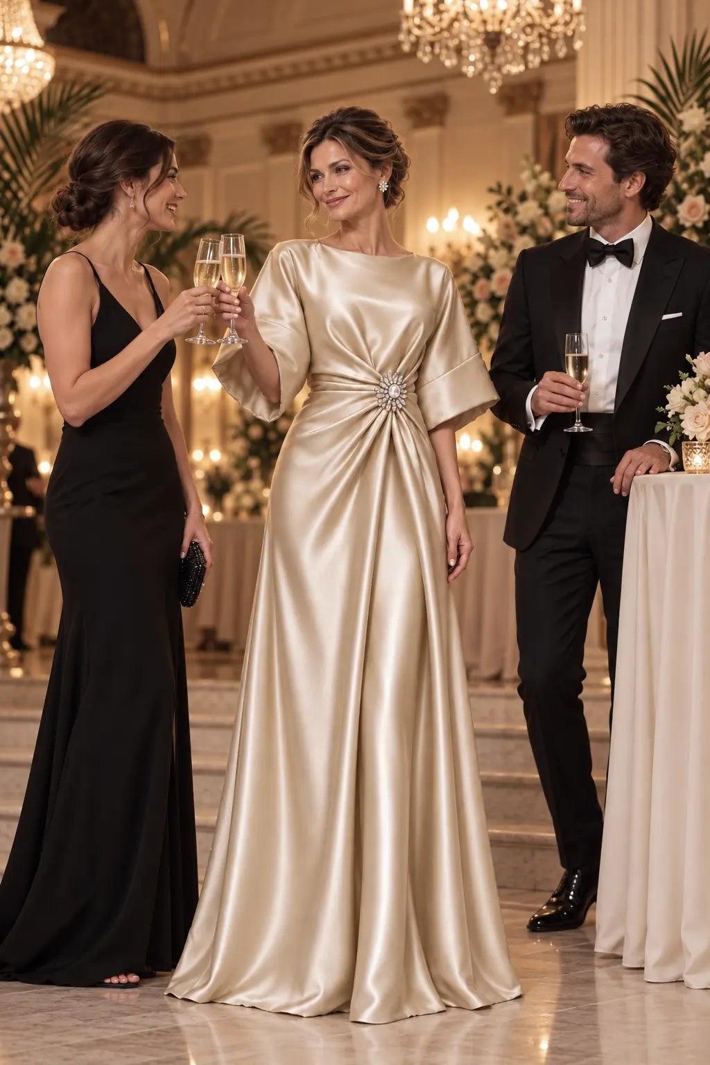 A-Line Floor Length Satin Mother of the Bride Dress CM0528 - Dark Champagne - COCOMELODY