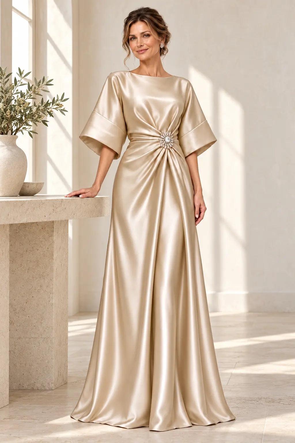 A-Line Floor Length Satin Mother of the Bride Dress CM0528 - Dark Champagne - COCOMELODY