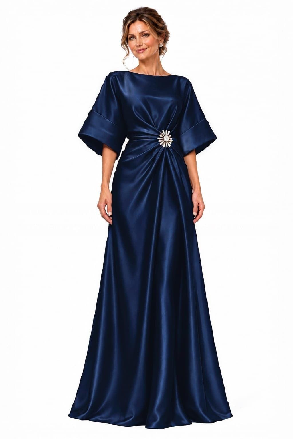 A-Line Floor Length Satin Mother of the Bride Dress CM0528 - Dark Navy - COCOMELODY