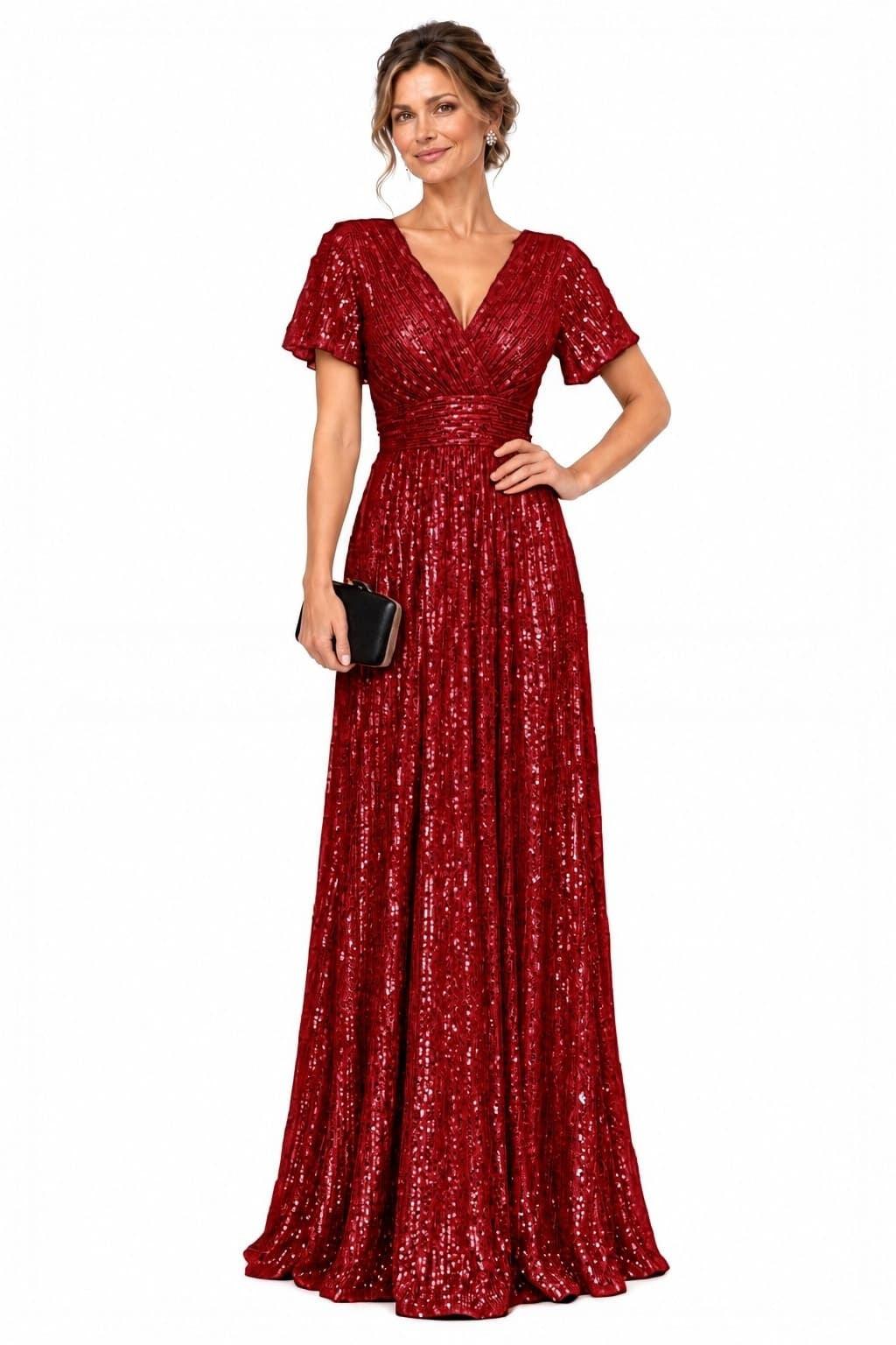 A-Line Floor Length Sequin Mother of the Bride Dress CM0529 - Burgundy - COCOMELODY