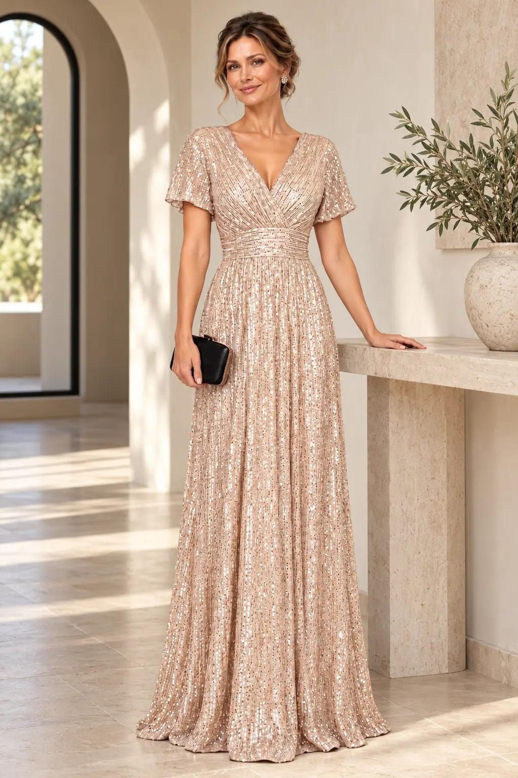 A-Line Floor Length Sequin Mother of the Bride Dress CM0529 - Dark Champagne - COCOMELODY