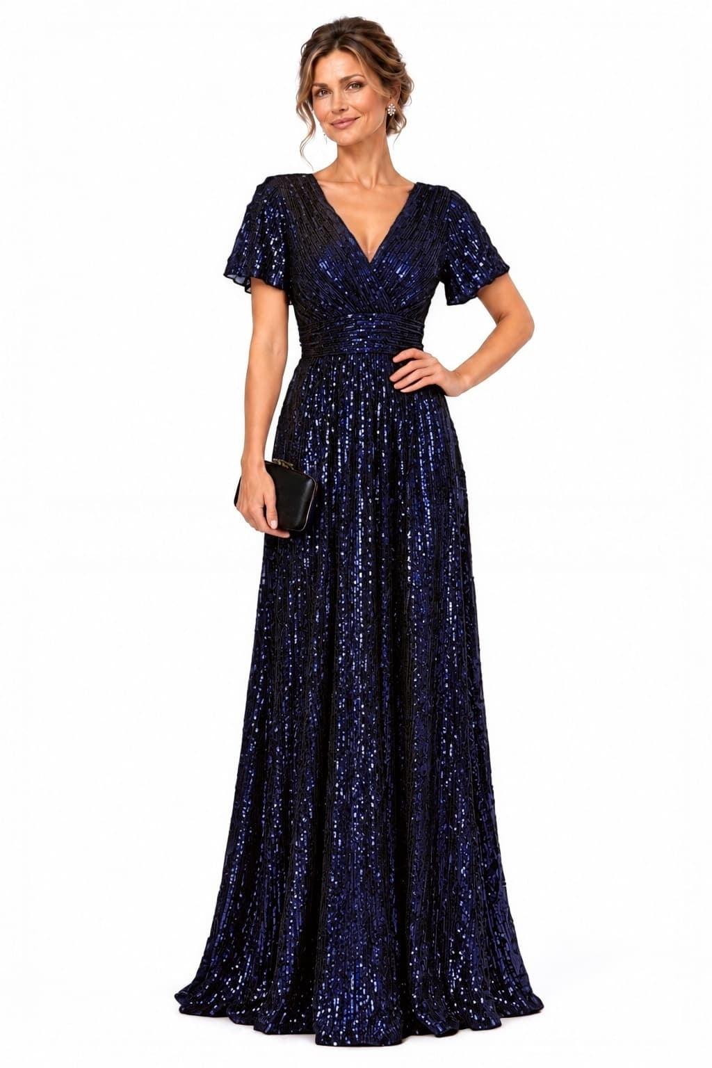 A-Line Floor Length Sequin Mother of the Bride Dress CM0529 - Navy - COCOMELODY