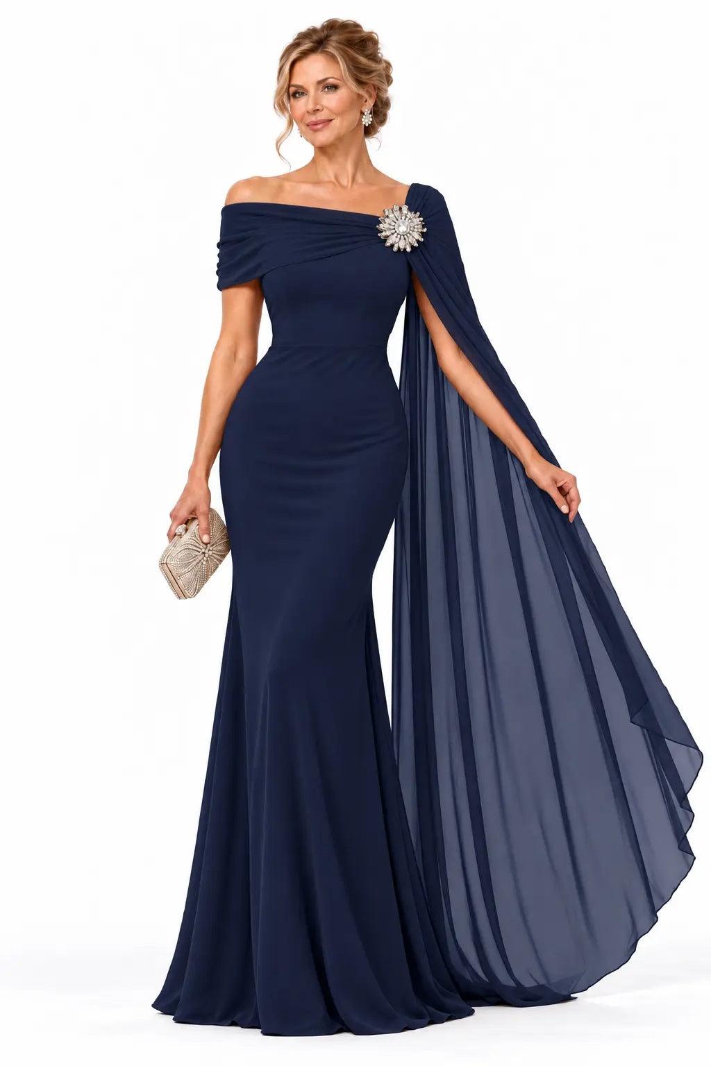 Trumpet-Mermaid Floor Length Chiffon Mother of the Bride Dress CM0530 - Dark Navy - COCOMELODY