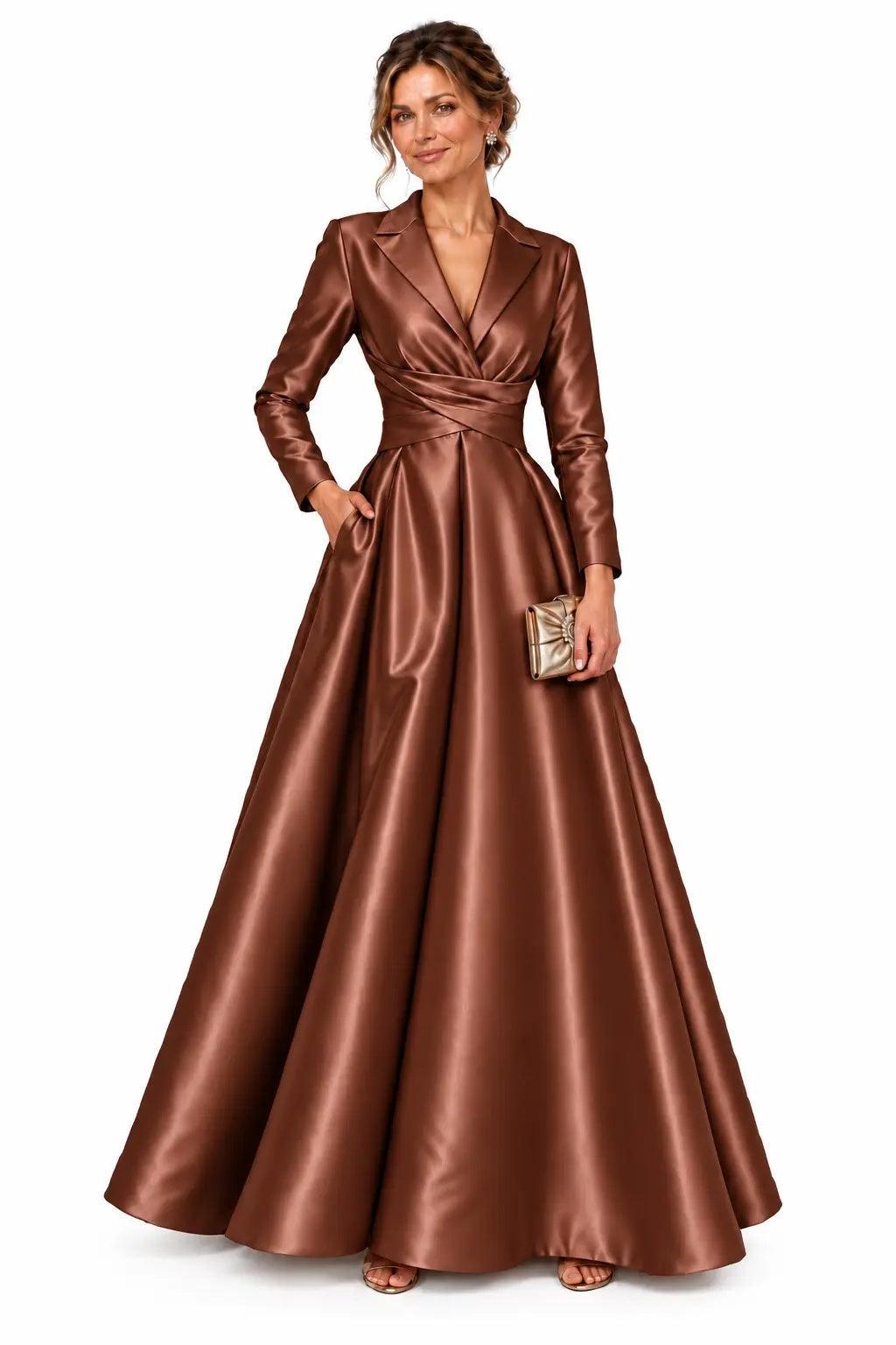 A-Line Floor Length Satin Mother of the Bride Dress CM0531 - Baked Clay - COCOMELODY