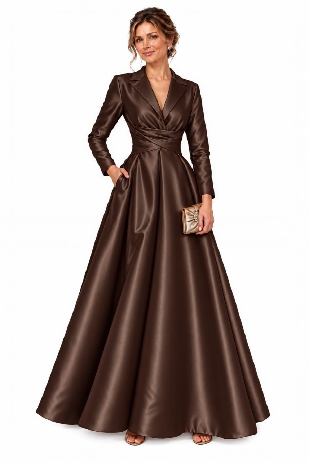 A-Line Floor Length Satin Mother of the Bride Dress CM0531 - Bitter Chocolate - COCOMELODY