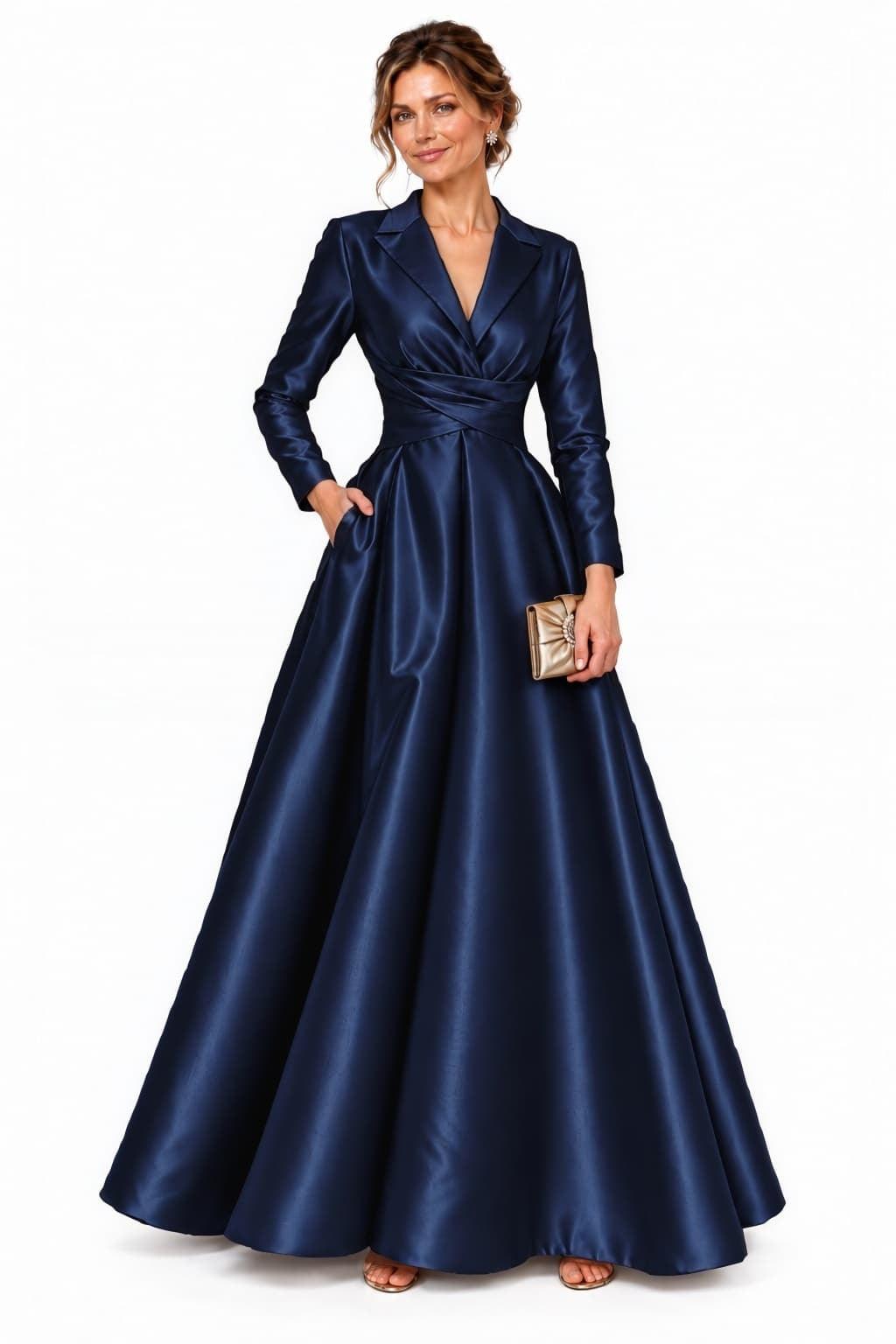 A-Line Floor Length Satin Mother of the Bride Dress CM0531 - Dark Navy - COCOMELODY