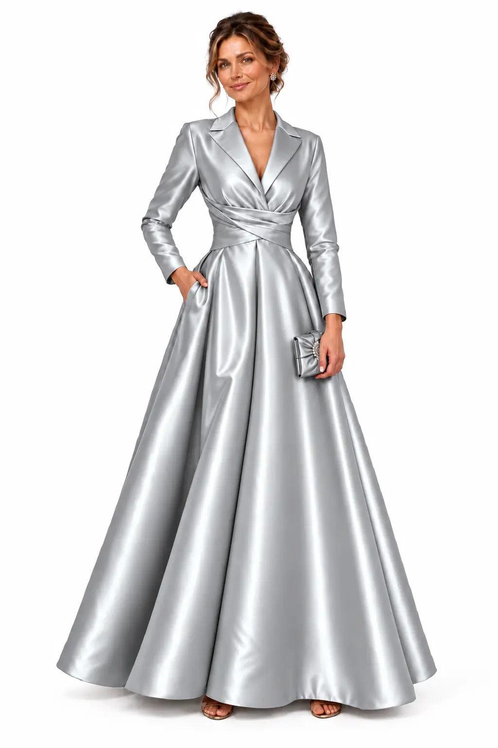 A-Line Floor Length Satin Mother of the Bride Dress CM0531 - Steel Grey - COCOMELODY