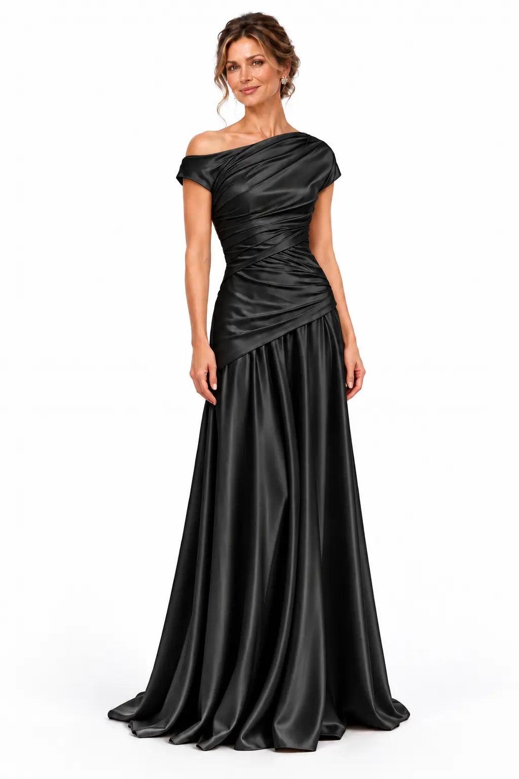 A-Line Floor Length Stretch Satin Mother of the Bride Dress CM0532 - Black - COCOMELODY