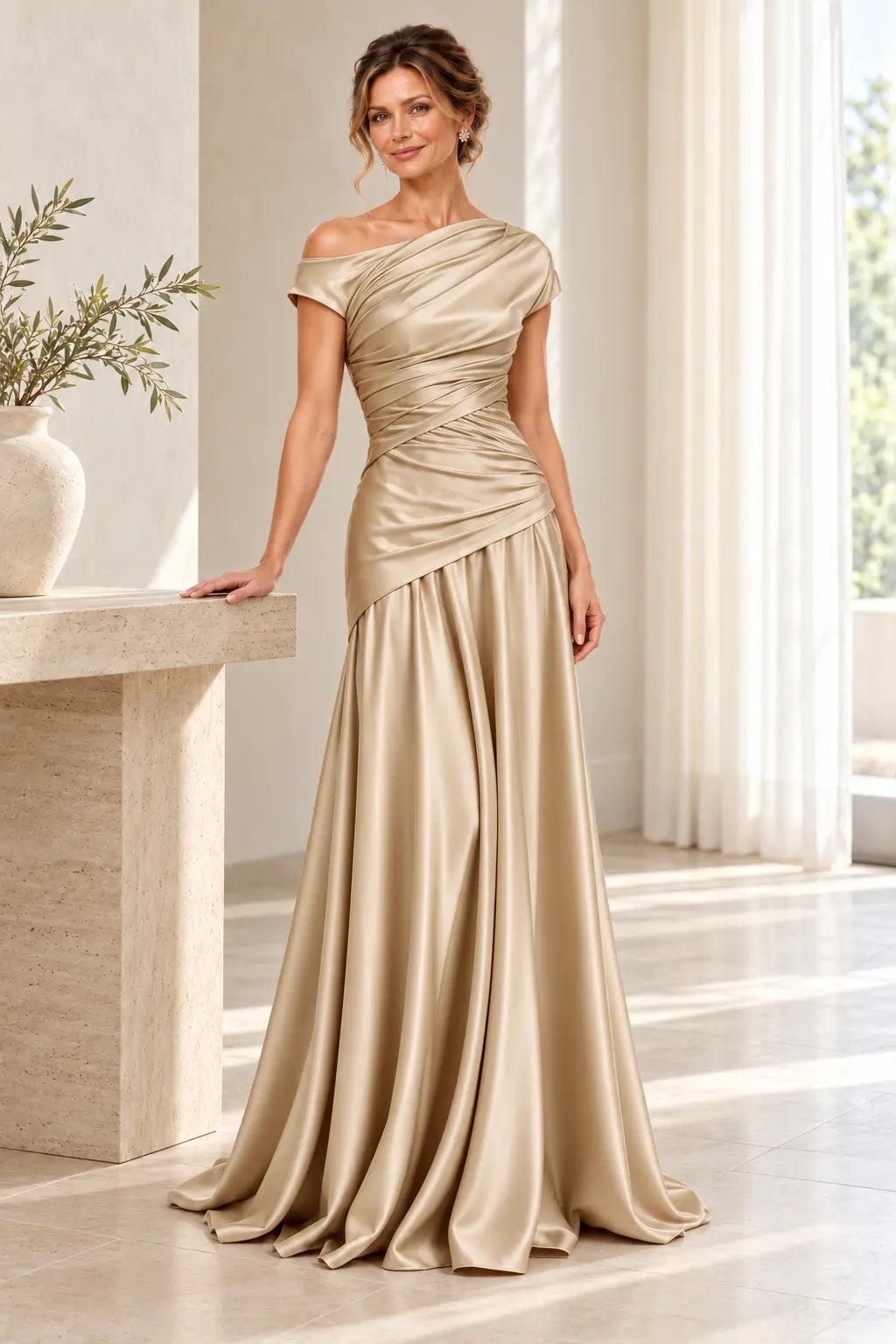 A-Line Floor Length Stretch Satin Mother of the Bride Dress CM0532 - Dark Champagne - COCOMELODY
