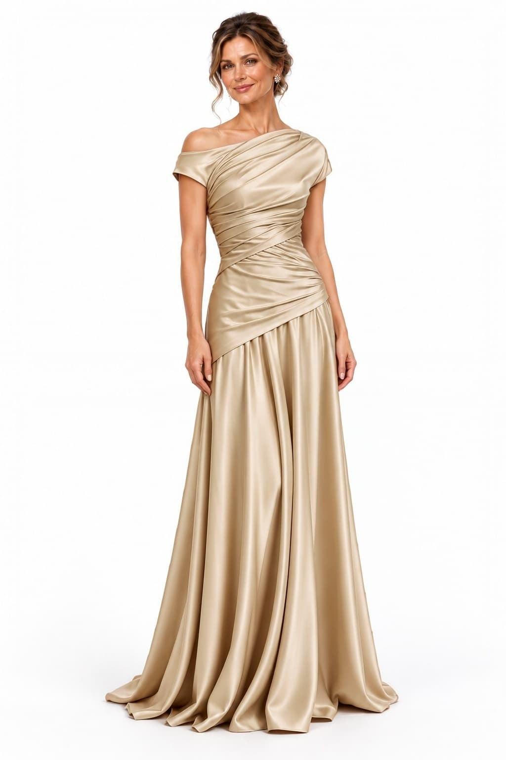 A-Line Floor Length Stretch Satin Mother of the Bride Dress CM0532 - Dark Champagne - COCOMELODY