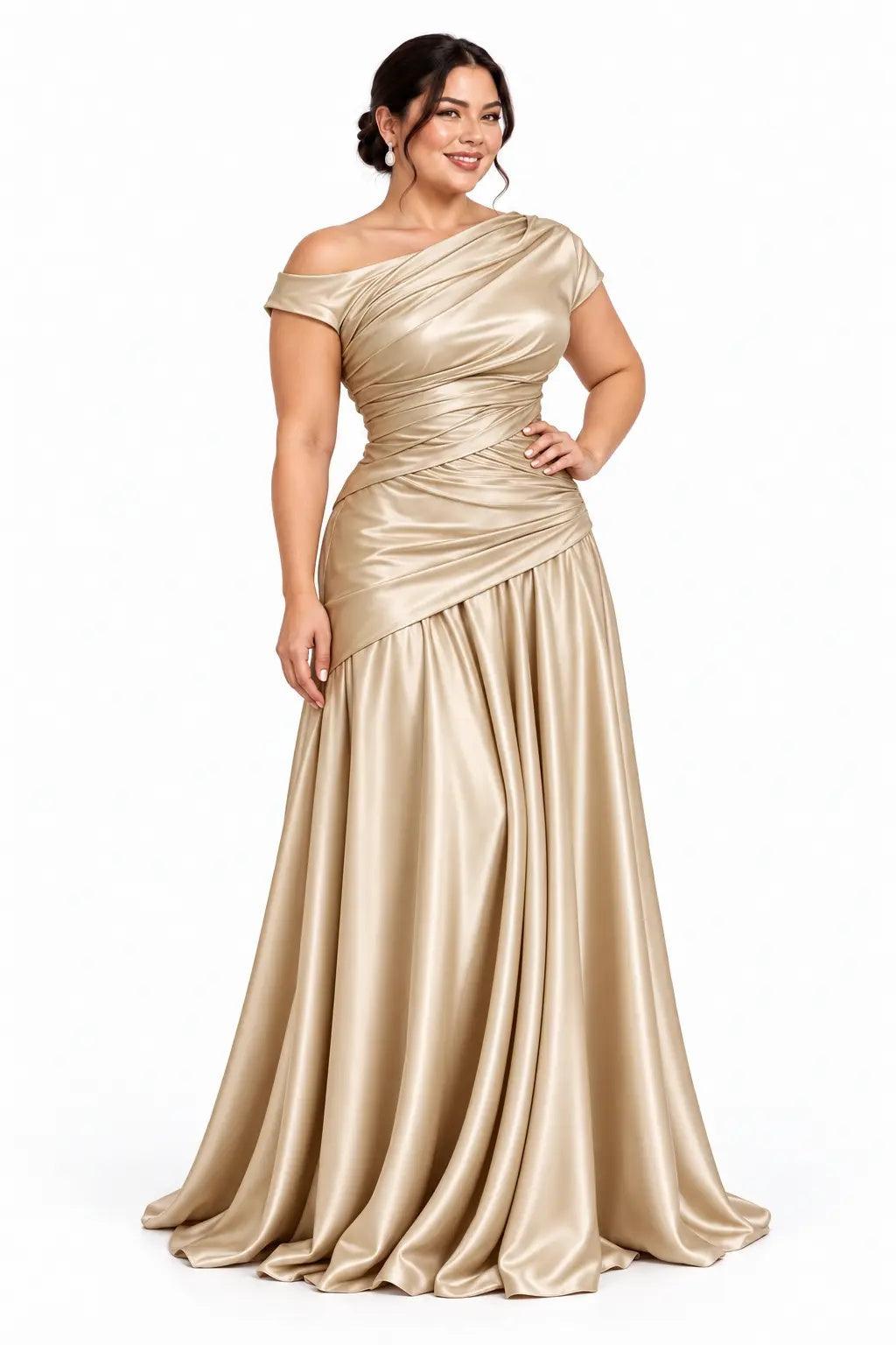 A-Line Floor Length Stretch Satin Mother of the Bride Dress CM0532 - Dark Champagne - COCOMELODY
