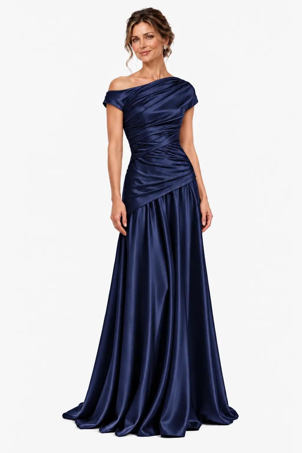 A-Line Floor Length Stretch Satin Mother of the Bride Dress CM0532 - Dark Navy - COCOMELODY