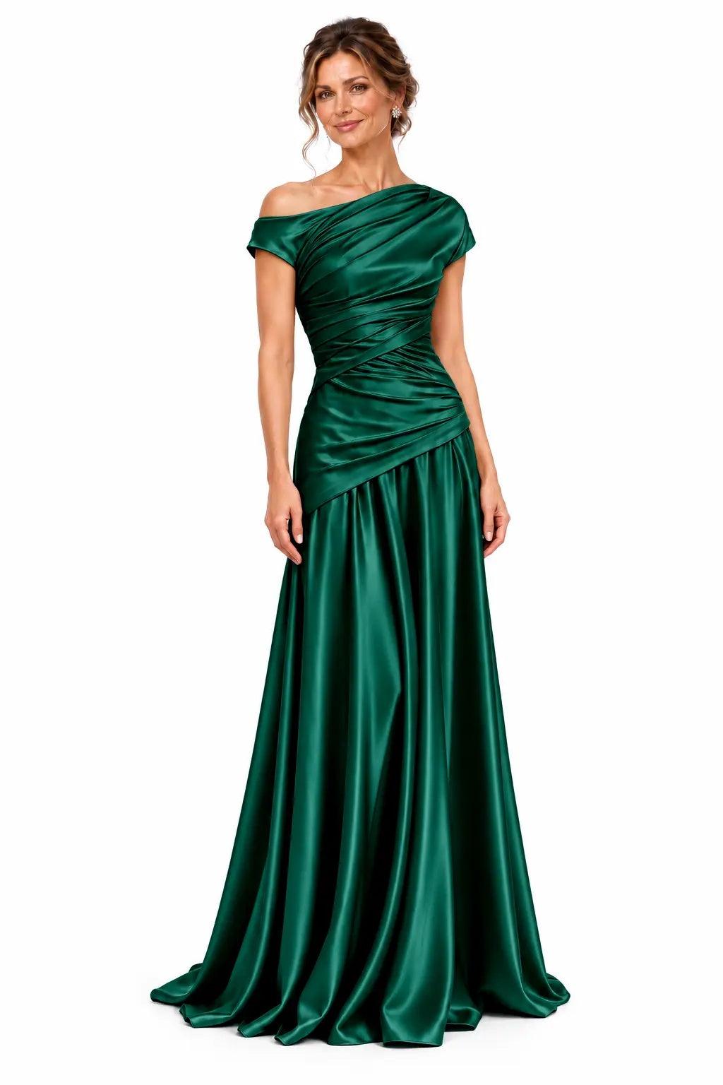 A-Line Floor Length Stretch Satin Mother of the Bride Dress CM0532 - Hunter Green - COCOMELODY
