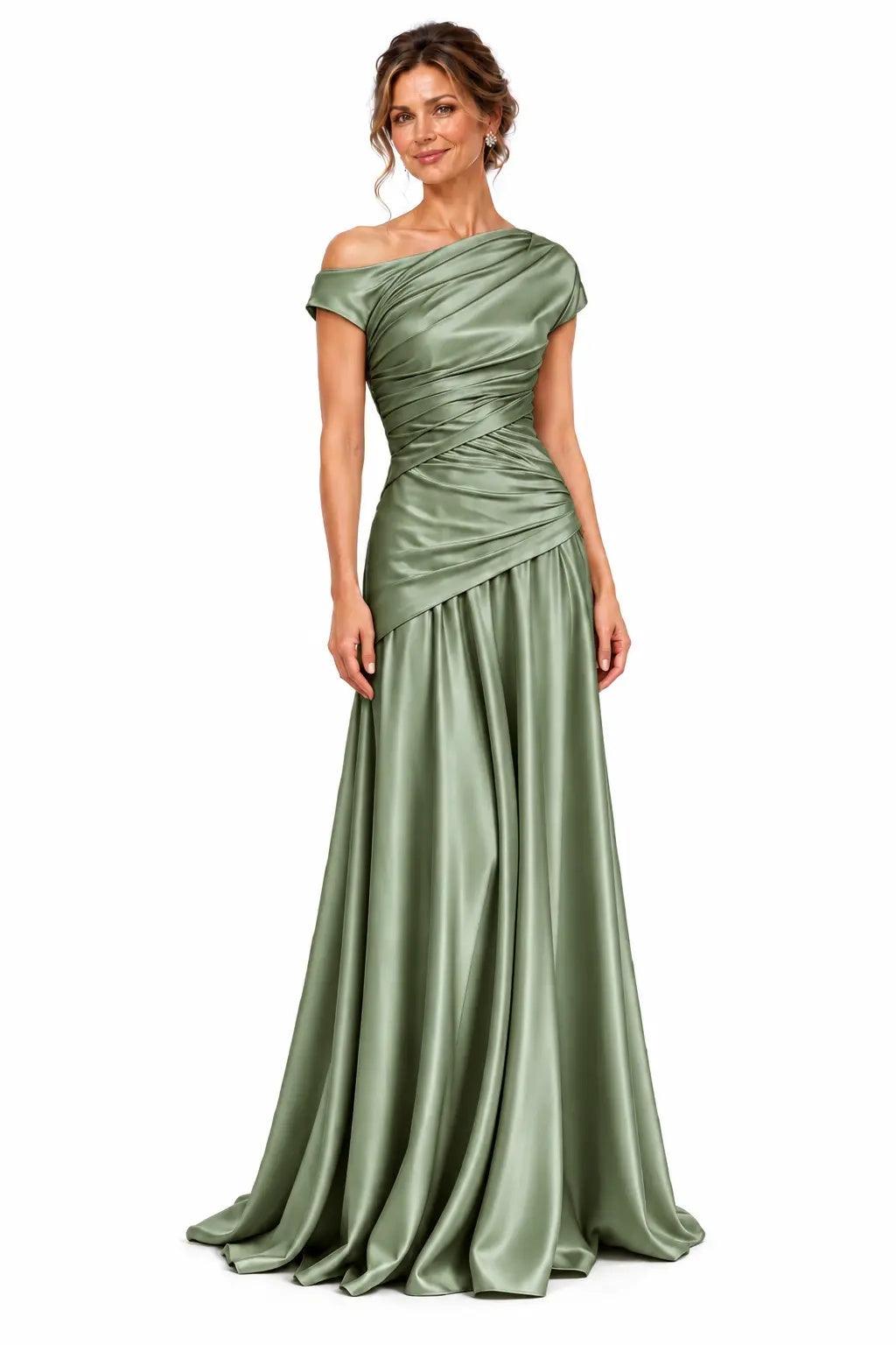 A-Line Floor Length Stretch Satin Mother of the Bride Dress CM0532 - Olive Green - COCOMELODY
