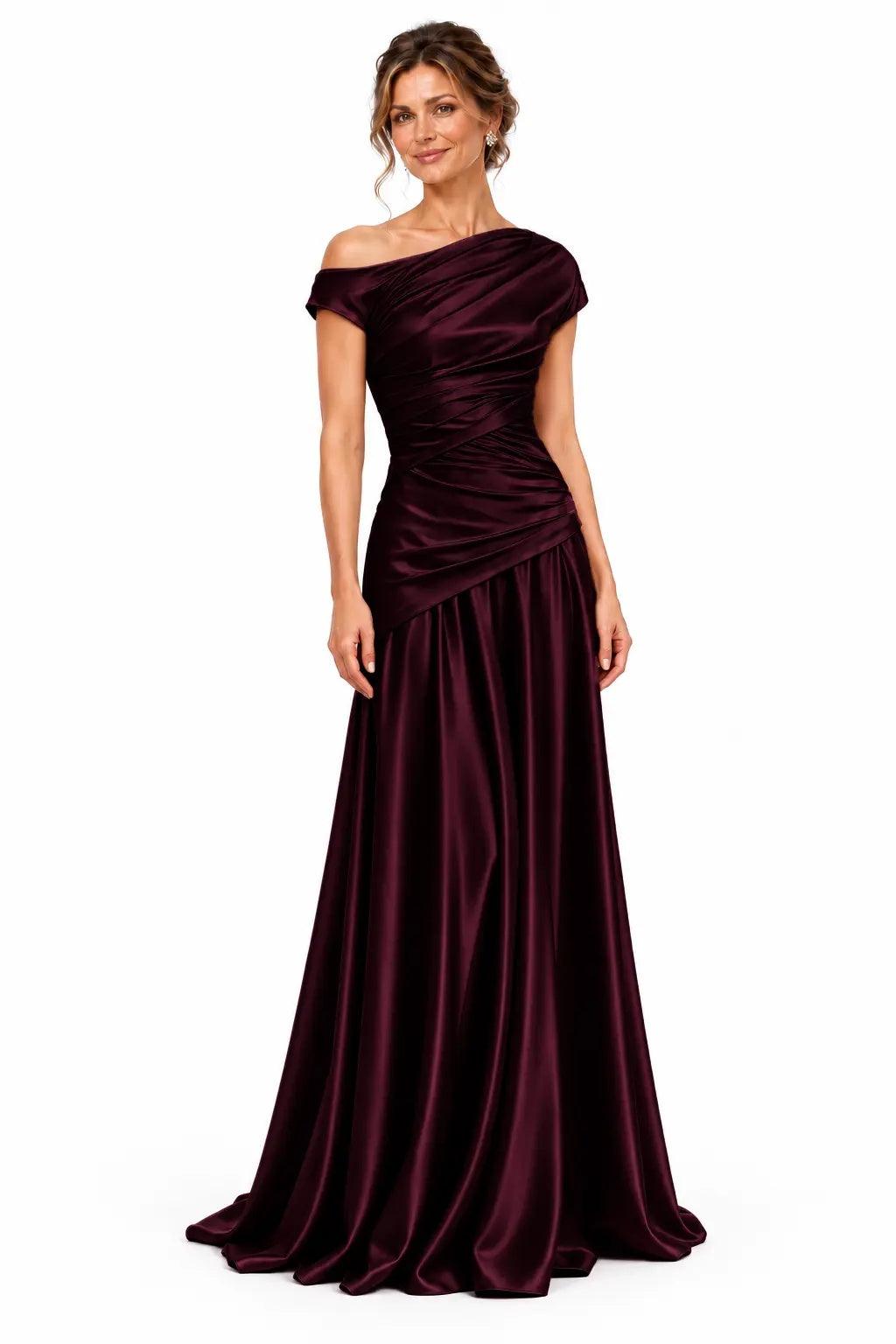 A-Line Floor Length Stretch Satin Mother of the Bride Dress CM0532 - Wine - COCOMELODY