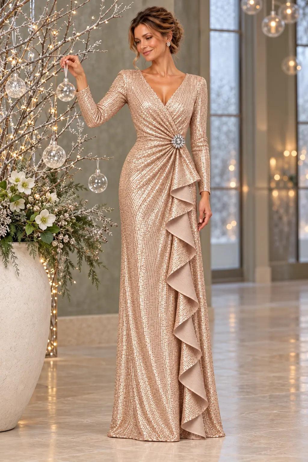 Sheath-Column Floor Length Sequin Mother of the Bride Dress CM0534 - Dark Champagne - COCOMELODY